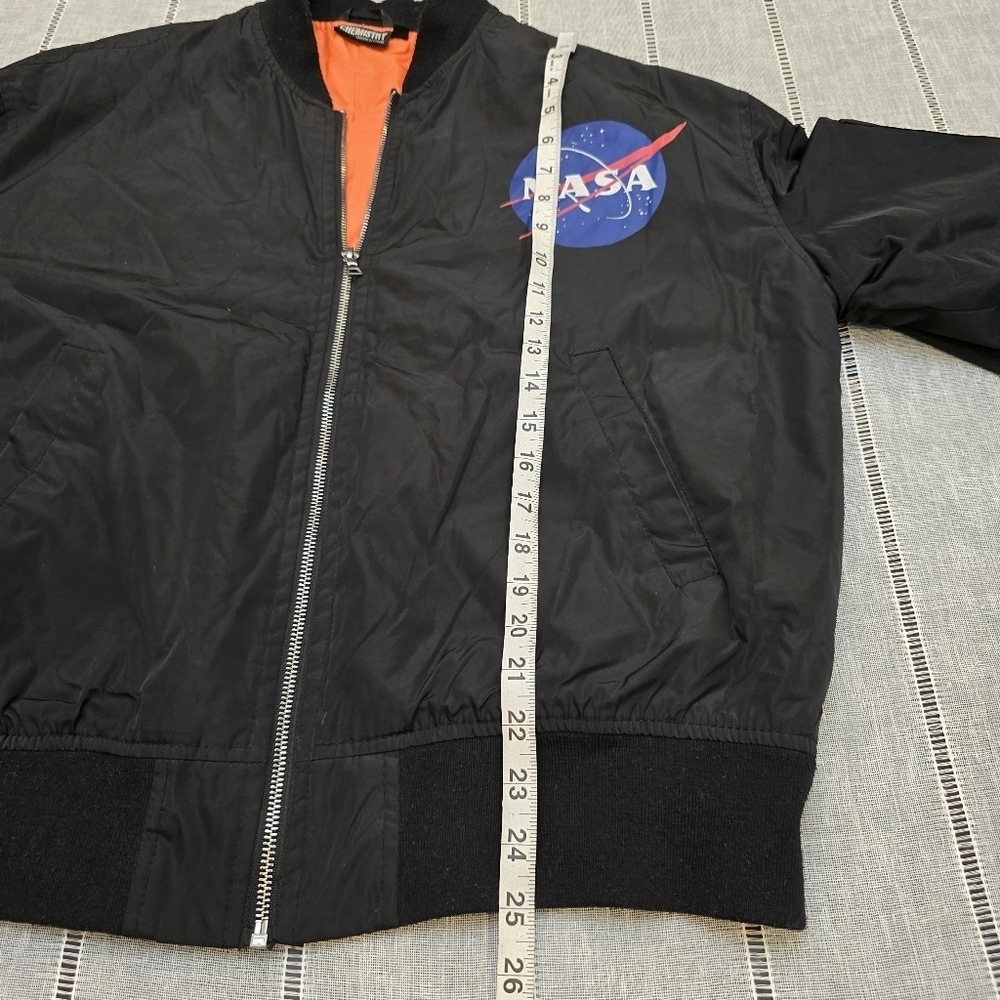 NASA Bomber Jacket With Patches Chemistry Brand Black With Orange Lining Sz Larg - Picture 12 of 16